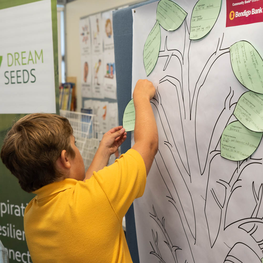 Dream Seeds activity taking place, leaves on a drawn tree.