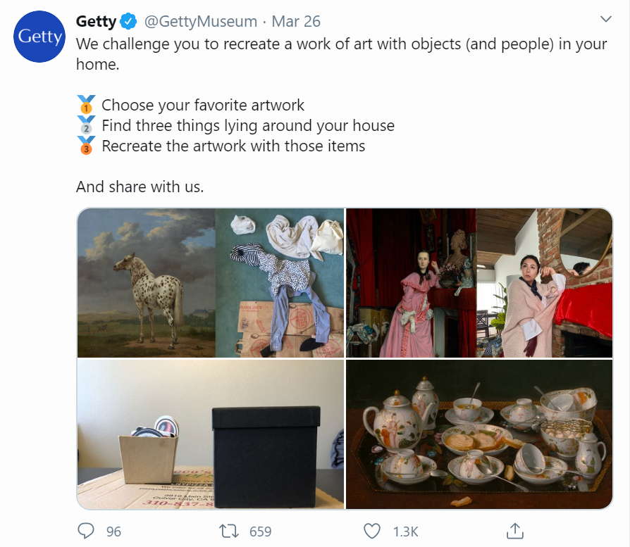 Twitter post from @Getty. Collection of images of people humorously copying famous art pieces.